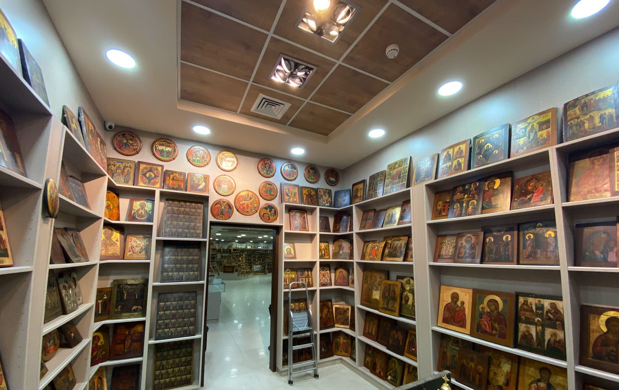 The icon room, its walls hung with painted icons