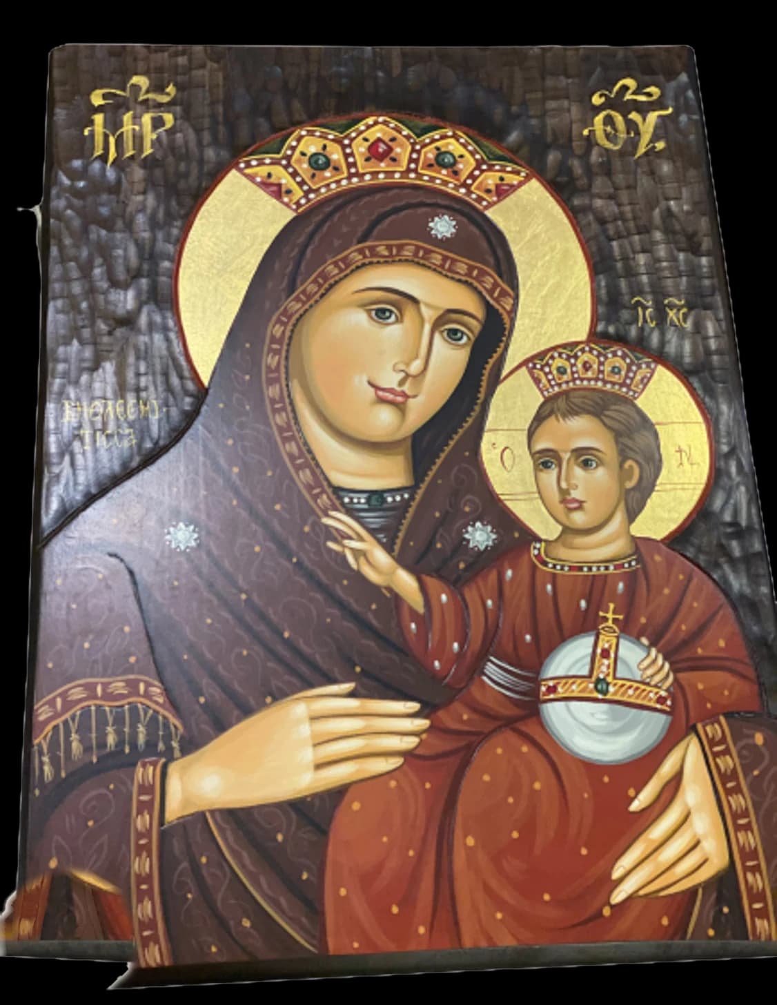 Hand-painted icon of the crowned Virgin Mary holding the crowned Christ Child