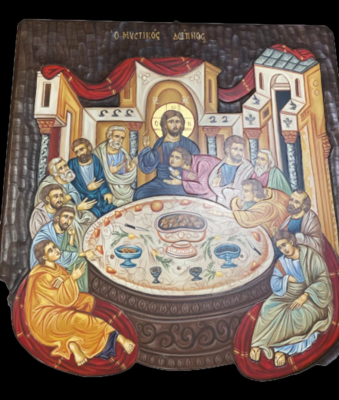 Hand-painted icon of the Last Supper with Christ and the apostles around a round table