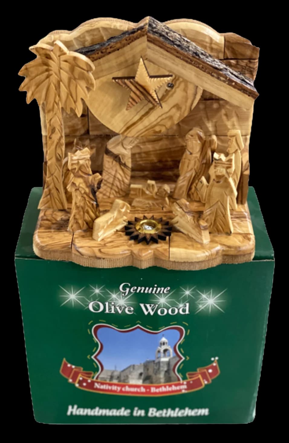 Small olive wood nativity stable on a music box