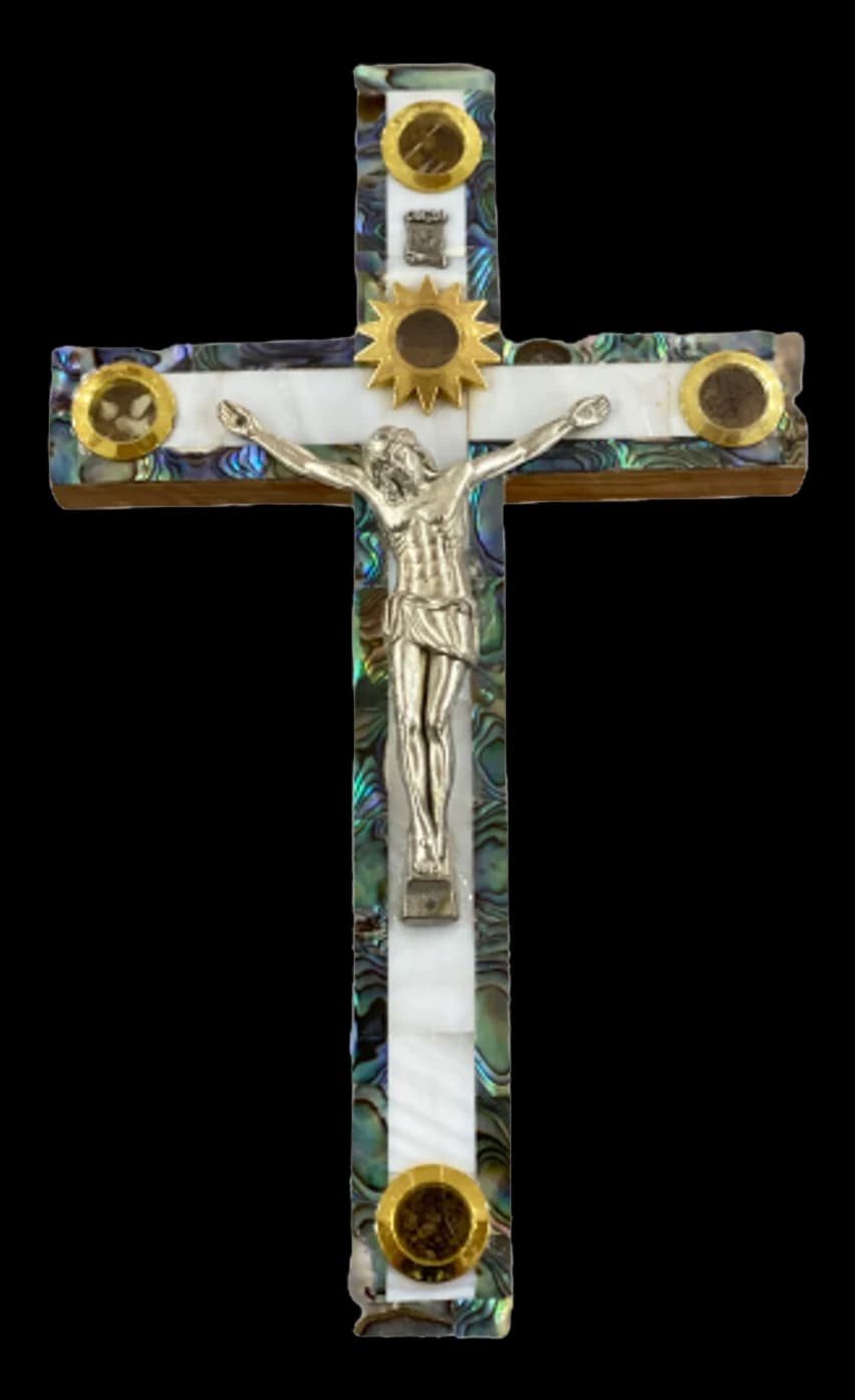 Olive wood crucifix inlaid with mother of pearl and abalone, with four gilt medallions