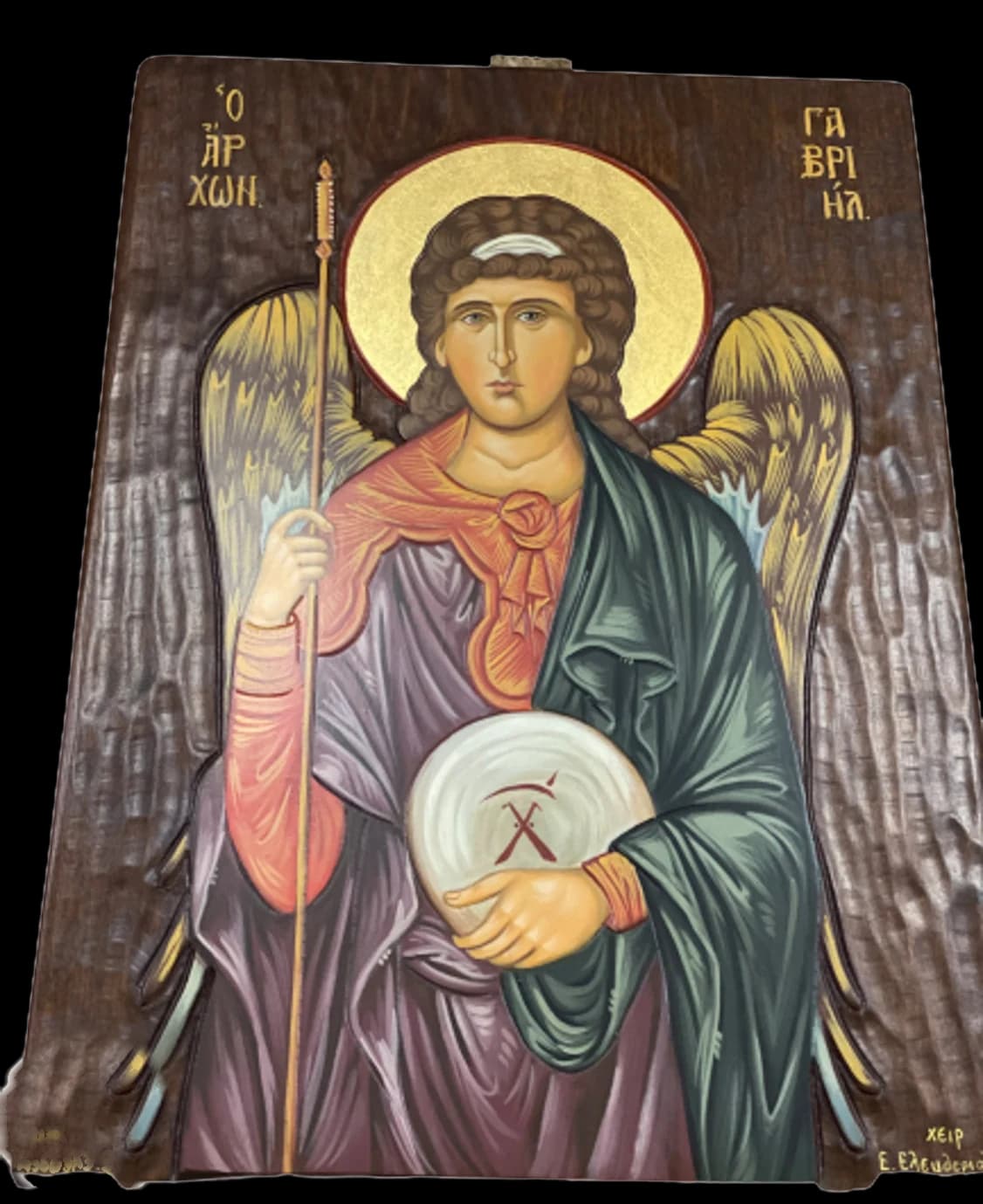 Hand-painted icon of the Archangel Gabriel holding a staff and a sphere
