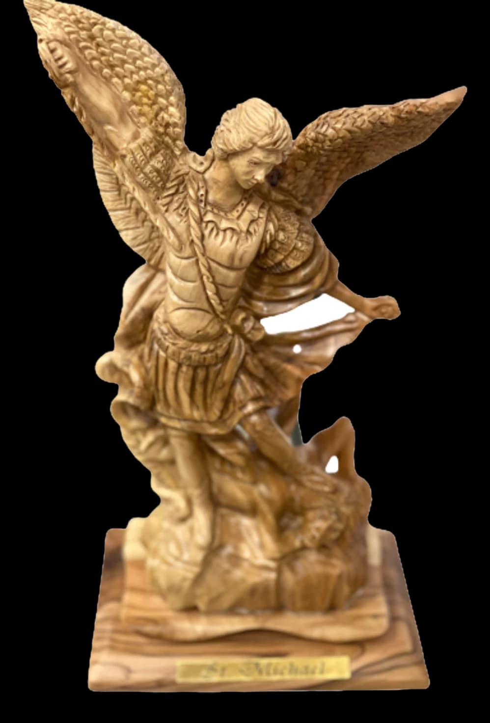 Olive wood carving of Saint Michael the Archangel with wings spread
